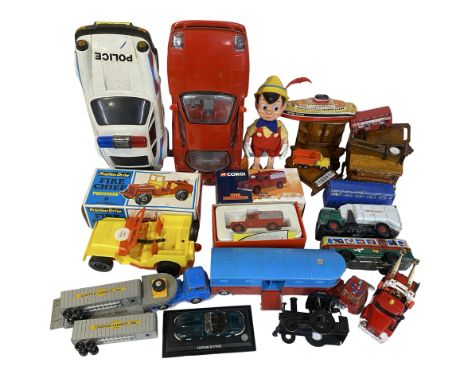 Collection of mostly vintage toys to include a 1950s Disney Pinocchio. Plus a boxed Corgi limited edition fire engine, boxed 