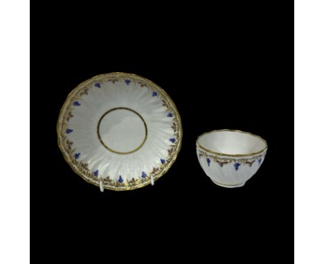 Derby Tea Bowl and saucer. Pattern 119 with puce crown and baton mark Teabowl height 5 cms