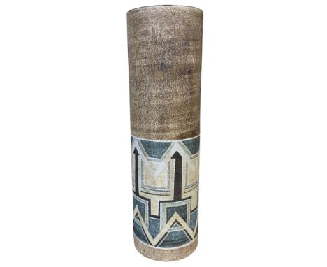 Large Troika 1980s cylindrical vase. With half geometric and half matte design, rough textured finish. No chips or cracks. Si