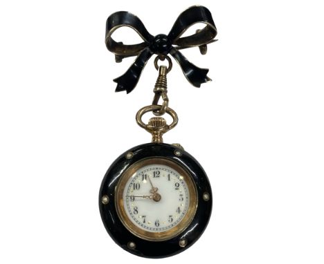 French Ladies early 20th century silver gilt black enamel and seed pearl fob watch.  With ribbon fob. Total length 6.5cms. Ru