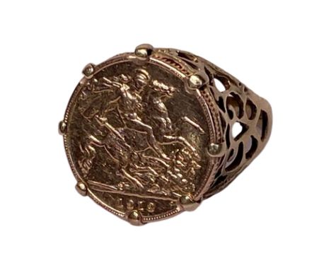 22ct half sovereign ring with 9ct mount. The sovereign is dated 1919. Total weight is 8.3g approximately. Size P  Condition r