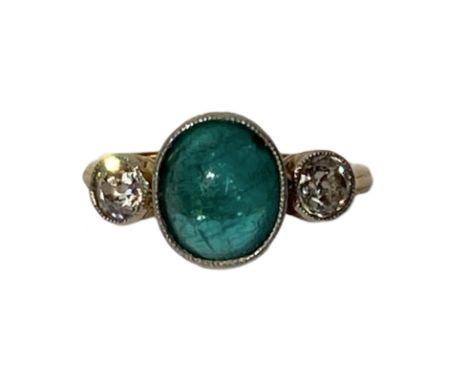 18ct yellow gold Emerald and Diamond ring. Yellow metal unmarked but tested as 18ct gold. The central emerald is approximatel