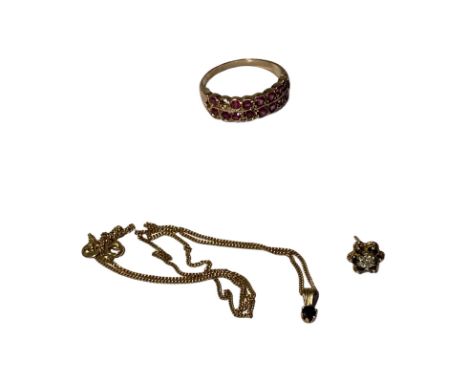 9ct gold scrap items to include Ruby ring (one stone missing), a single gold earring and gold chain and tiny stone pendant. T