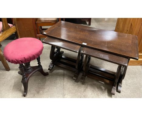 A Victorian mahogany piano stool and an oak nest of tables 