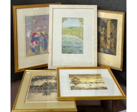 Assorted pictures including a still life pastel, watercolours, etc. one unframed