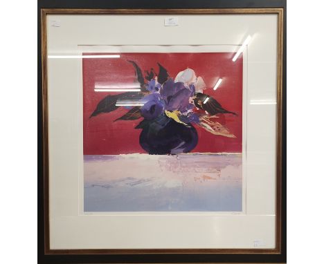 Donald Hamilton Fraser, Flowers with Red Background, 1996, silkscreen print on paper, Limited eddition 30/175, signed, framed