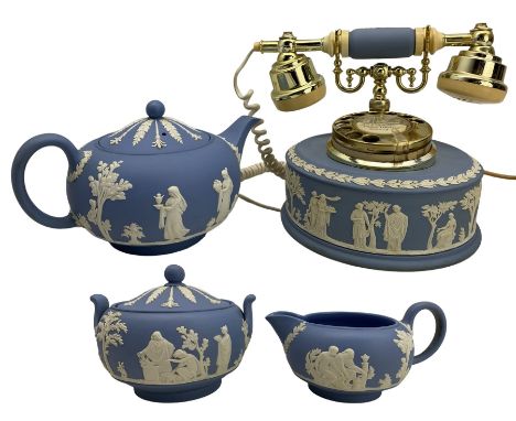 Wedgwood jasperware rotary telephone, H19cm, and Wedgwood jasperware three piece tea set (4)