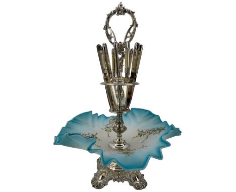 19th WMF  silver plate and glass fruit dish and knife holder, twelve mother-of-pearl handled fruit knives housed in a taperin