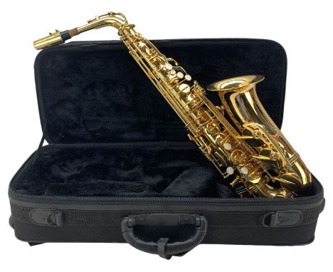 Jupiter 500 Series alto saxophone, serial No.255056, gold lacquered finish with crook and mouthpiece in soft case