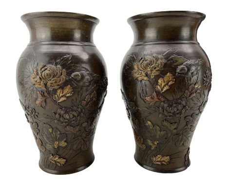 Pair of Japanese Meiji period bronze and mixed metal vases, decorated with birds and chrysanthemums, unsigned, H25cm