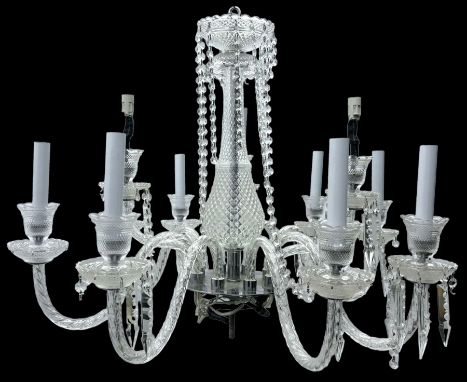 India Jane Interiors - crystal glass and metal eleven-branch chandelier, the central baluster shaft with diamond pattern and 