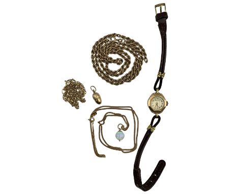 Ladies 9ct gold case Rotary presentation mechanical wristwatch, on leather strap, two 9ct gold broken chains, an opal pendant