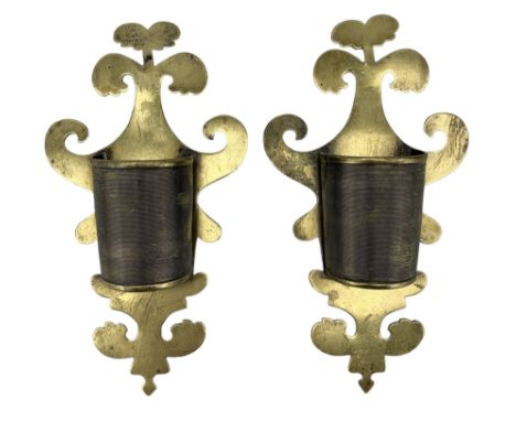 Pair of 19th century shaped brass match stick wall pockets, each with ribbed holders for striking, H20cm x W11cm 