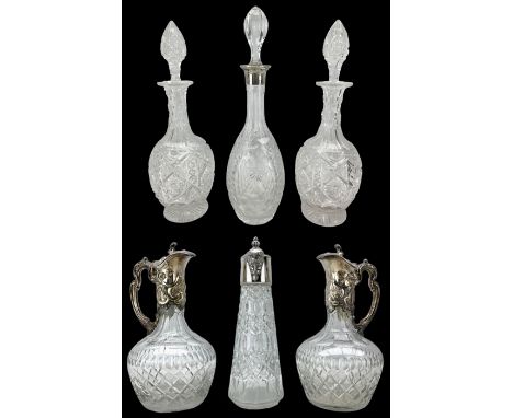 Silver mounted globe and shaft cut glass decanter, hallmarked Mappin & Webb, import London, 1980; a pair of cut glass decante
