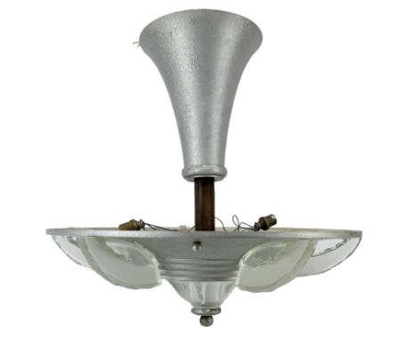 French Art Deco modernist ceiling light, of circular form with pressed clear and frosted glass panels, rosewood effect stem, 