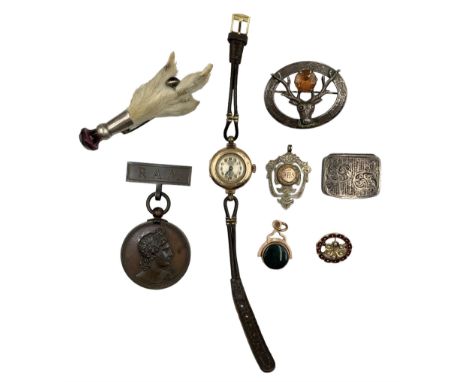 Early 20th century ladies 9ct gold cased mechanical wind wrist watch, on leather strap, a 9ct gold bloodstone and carnelian s