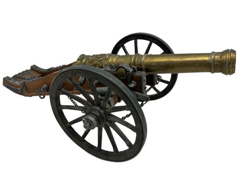 Louis XIV style brass replica wooden model of a field cannon, L44cm 