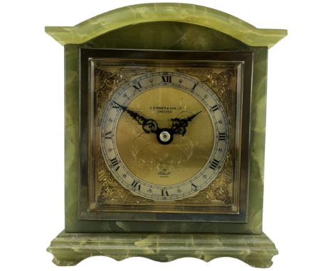 Dimmer & Son - 20th century green onyx cased mantle clock with a timepiece movement by Elliot of London, with as break arch t