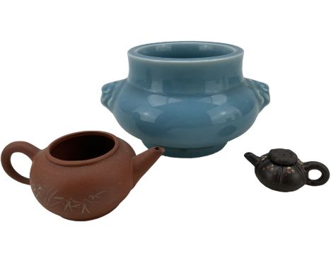 Chinese blue glazed porcelain censer, with twin animal mask handles, Qianlong seal mark beneath, D18cm together with two Chin