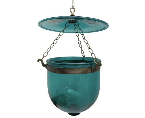 Late 19th/ early 20th century green glass hanging Hundi storm lantern, H37cm, shade D23cm