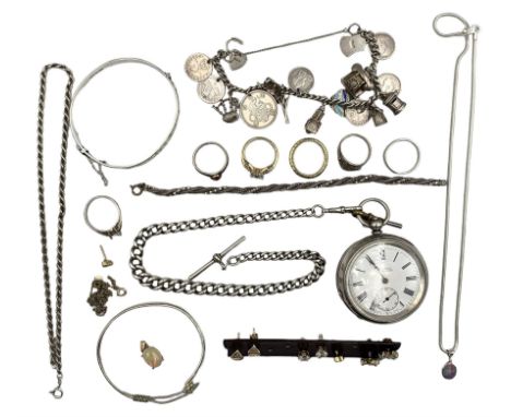 H. Samuel, Manchester, silver cased open face pocket watch with silver Albert, together with a small group of silver jeweller