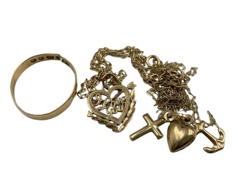 18ct gold wedding ring (cut), and two 9ct gold pendants on chains (3)Condition Report:18ct gold wedding ring approx 1.3gm, cu
