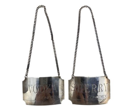 Pair of Concorde silver decanter labels 'Vodka' and 'Sherry', Birmingham 1986 in original box