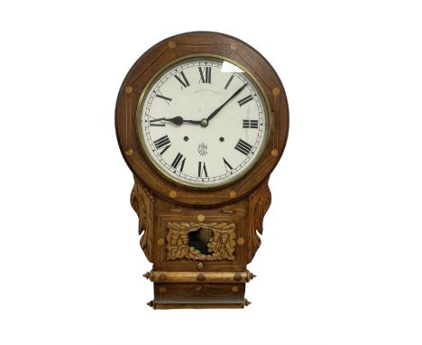 Waterbury - Late 19th century American drop dial mahogany wall clock, with a circular dial surround inlaid with stringing and