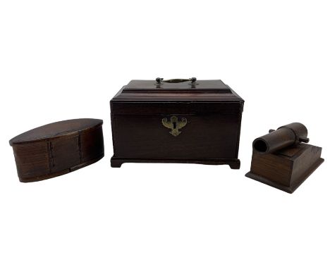 Treen inkwell in the form of a cannon with lifting lid and Rd. number L19cm, George III mahogany tea caddy with three compart
