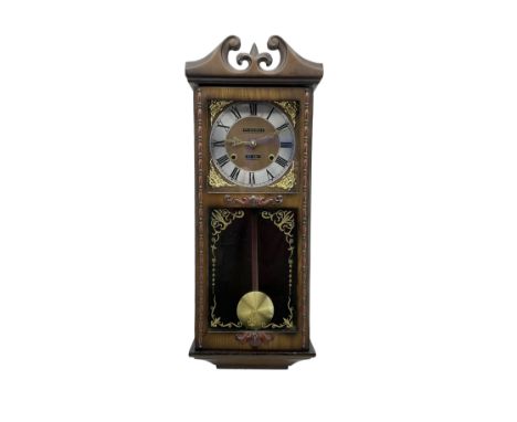 Month going oak cased wall clock - with a swan neck pediment and fully glazed case door, visible pendulum and silvered chapte