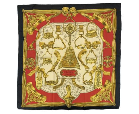 Hermes 'Etriers' silk scarf, designed by Françoise de la Perrier, in cream, red, black and gold colourway, 90cm x 90cm 