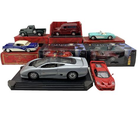 Mira Calidad Golden Line Deluxe die cast model  Chevrolet Corvette 1957, three other Golden Line vehicles, Maisto Jaguar XJ22