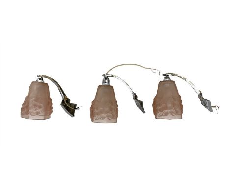 Set of three Art Deco French silvered bronze down lights, each having pink floral moulded glass shades, signed 'Ros', D21cm x