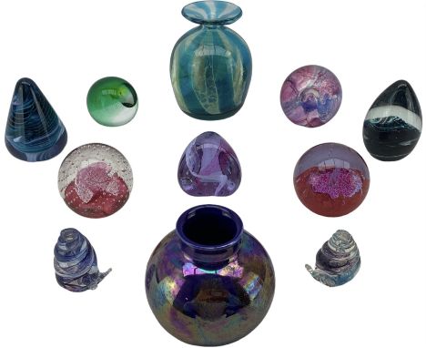 Mdina type glass vase, Poole Pottery vase with iridescent glaze, together with various paperweights including Caithness 'Caul