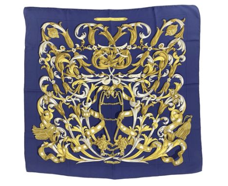 Hermes Le Mors A La Conetable silk scarf, designed by Henri d'Origny, in blue white and gold colourway, 90cm x 90cm 