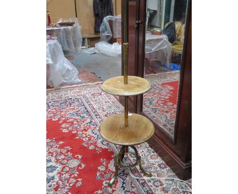 VINTAGE OAK AND BRASS TWO TIER ADJUSTABLE STANDARD LAMP WITH SHADE 