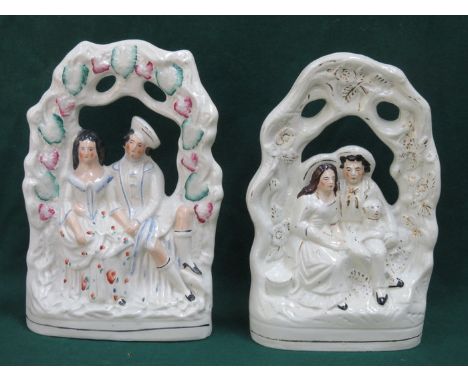 TWO HANDPAINTED AND GILDED STAFFORDSHIRE FLATBACK CERAMIC FIGURE GROUPS