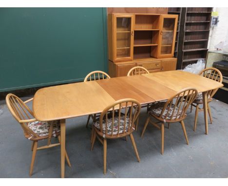 ERCOL GOLDEN DAWN LIGHT OAK DINING SUITE COMPRISING OF EXTENDING DINING TABLE, SIX (FOUR AND TWO) CHAIRS AND GLAZED WALL UNIT