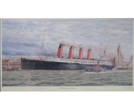 S W FISHER, LIMITED POLYCHROME PRINT- THE LUSITANIA AT LIVERPOOL, PENCIL SIGNED, APPROXIMATELY 38.5cm x 68cm 