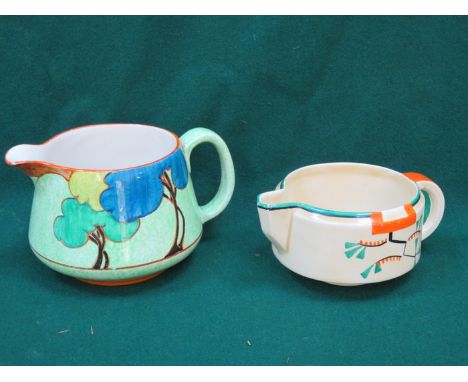 TWO CLARICE CLIFF BIZARRE HANDPAINTED CERAMIC JUGS 
