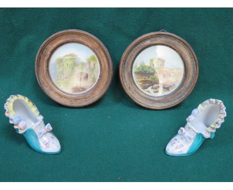 PAIR OF CIRCULAR FRAMED PAINTINGS ON PORCELAIN DEPICTING THE STILL HOUSE AND GATEWAY, TAVISTOCK ABBEY, INITIALLED 'JC'.  ALSO