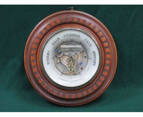WOODEN CASED CIRCULAR ANEROID BAROMETER 