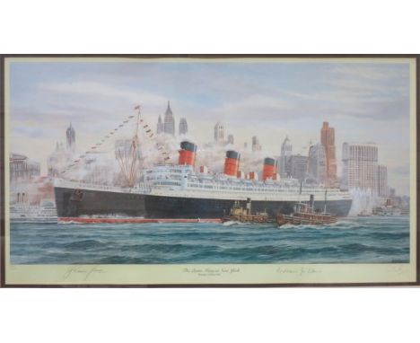 S W FISHER, LIMITED EDITION POLYCHROME PRINT- THE QUEEN MARY AT NEW YORK, PENCIL SIGNED, APPROXIMATELY 28.5cm x 68cm 