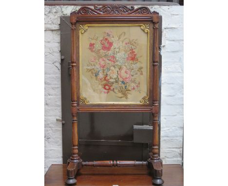 VICTORIAN CARVED MAHOGANY FRAMED AND GILDED, EMBROIDERED FIRESCREEN 