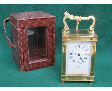 VINTAGE BRASS AND GLASS CARRIAGE CLOCK BY GOVVELL, PARIS, WITH LEATHER CASE 