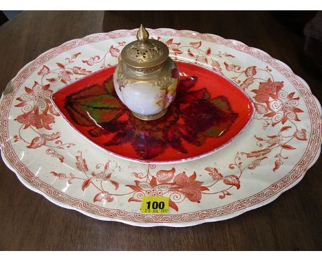 A Hadley Worcester porcelain pot pourri pot and cover, a Poole pottery spear dish and a P B & Co pottery meat platter