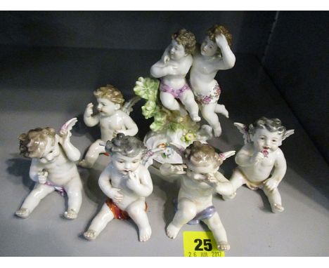 Five late 19th century porcelain figures, all marked R to the underside, possibly for Rauenstein, A/F