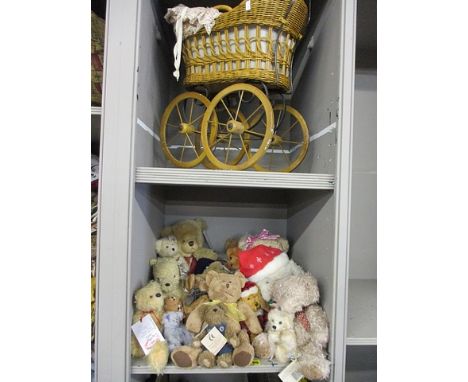 An Asquith Henley teddy bear, together with a quantity of mixed teddies and a small wicker dolls pram