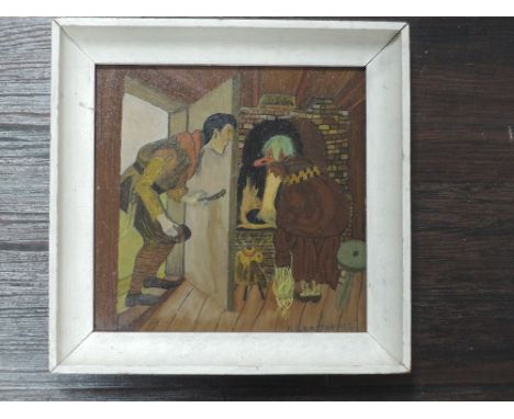 An oil painting, K Larson, Scandi folklore, signed and dated 1937, 24 x 24cm, framed