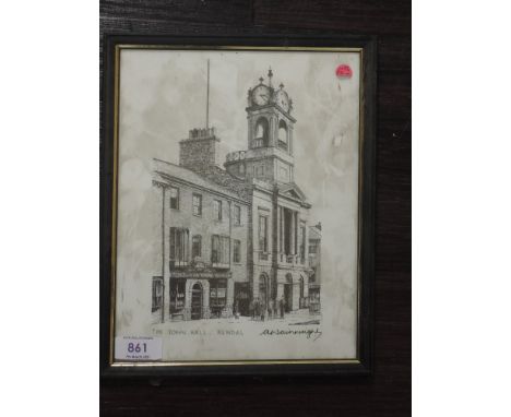 A print, after Alfred Wainwright, The Town Hall Kendal,  signed, 23 x 18cm, plus frame and glazed